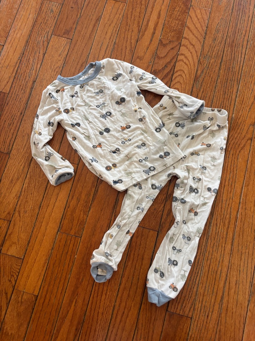 Cream Tractor-Print Kids Pajama Set with Blue Trim